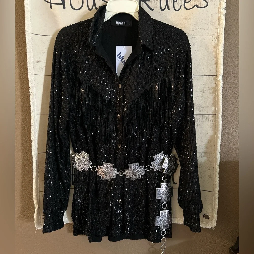 BUCKLE Blue B collection MEDIUM Sequin fringe western shirt.BELT SOLD SEPARATELY - Picture 11 of 14